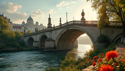 ornate bridge, balustrades, stone material, intricate carvings, gothic arches, medieval style, river flowing beneath, cityscape background, sunny day, warm light, long shot, low angle, dramatic compos