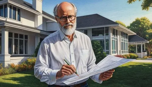 Male, mature designer, balding, glasses, beard, white shirt, rolled up sleeves, dark jeans, black boots, holding blueprints, standing, villa, modern architecture, sloping roof, asphalt shingles, woode