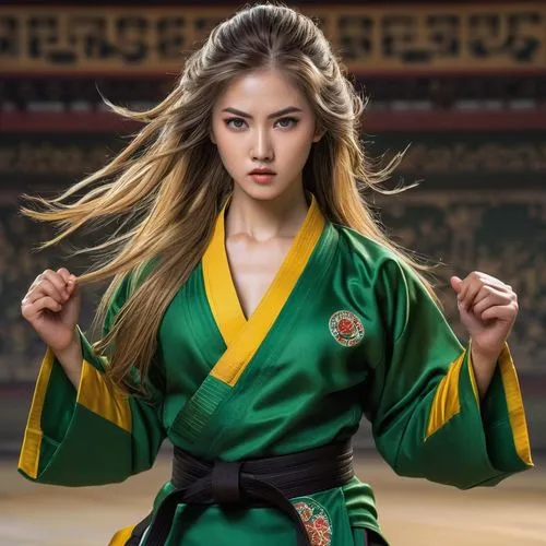 realistic beautiful girl, oval face shape, gold long hair, s-shape eyebrow, wide set eyes, green eyes, heavy lower  lips, triangle body shape, (full body show), masterpiece., wearing Taekwondo suit, (