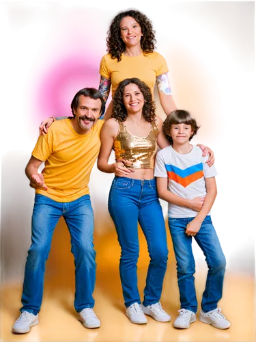 Family portrait, father and mother, 2 kids (boy and girl), happy faces, smiling eyes, casual wear, t-shirts, jeans, sneakers, warm lighting, natural pose, gentle gestures, tender moments, shallow dept