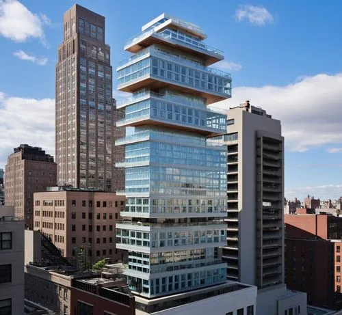 “Create an image of a strikingly modern residential skyscraper inspired by 56 Leonard Street in New York City. The building has a stacked, irregular design where each floor seems to be offset, giving 