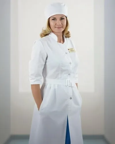 Медсестра в медицинском белом халате В Полный Рост.,a woman wearing a white chef coat and blue skirt,female nurse,nurse,kutuzova,female doctor,silja,stewardess