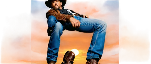 Muscular cowboy, mature male, rugged face, strong jawline, piercing blue eyes, messy brown hair, leather gloves, worn denim jeans, black cowboy boots, wide-brimmed hat, standing with one leg cocked, l