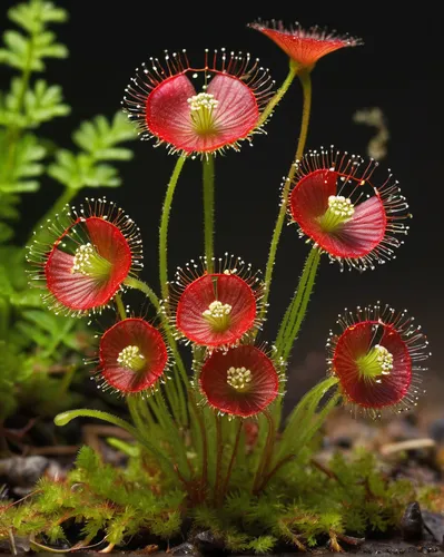 In a scientific article, explain the fascinating adaptations of a round-leaved sundew for survival in nutrient-poor environments.,drosera rotundifolia,round-leaved sundew,sundew,carnivorous plant,red 