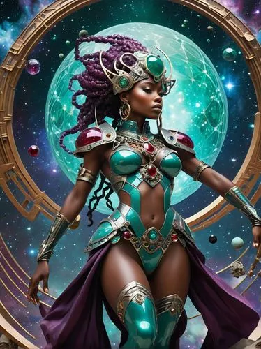 afrofuturism,zodiac sign libra,vodun,fantasy woman,astronema,sorceress,binti,andromeda,nebula guardian,chandra,melora,goddess of justice,neith,alani,sisoulith,prophetess,arundhati,prospera,shadrake,niobe,Illustration,Retro,Retro 03