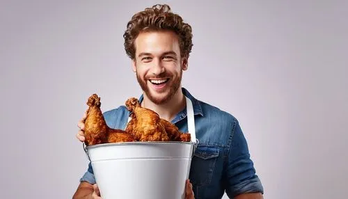 Happy man holding fried chicken bucket standing over white background with copy space.,chicken drumsticks,domestic chicken,seasoned chicken feet,make chicken,fried chicken,chicken meat,cyprien,fried b