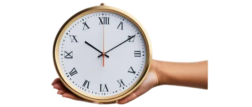 Analog clock, round face, Roman numerals, thin hands, golden rim, white background, morning light, shallow depth of field, 3/4 composition, soft focus, realistic texture, intricate details.,wall clock