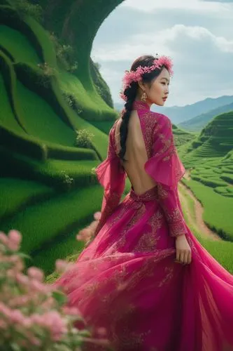 an elegant asian lady, wearing a deep pink cherry backless flowy dress, the background of beautiful deep emerald terraced fields,the girl is wearing a gown that has a high neckline and sleeves,anarkal