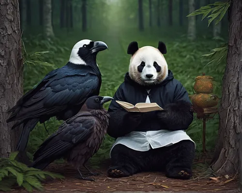 pandas,chinese panda,giant panda,panda,panda bear,forest animals,anthropomorphized animals,woodland animals,pandabear,yin-yang,oriental painting,yin yang,yin and yang,yinyang,kawaii panda,whimsical animals,fantasy picture,parrot couple,bird painting,world digital painting,Photography,Documentary Photography,Documentary Photography 34