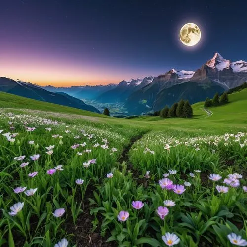 moon and star background,moonlit night,meadow landscape,moon and foliage,alpine landscape,moonrise,full moon,moonscapes,mond,hanging moon,moon and star,moon at night,beautiful landscape,moonlit,alpine meadow,mountain meadow,moon photography,landscape background,moonlighted,lunar landscape,Photography,General,Realistic