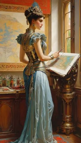 emile vernon,girl studying,meticulous painting,woman playing,italian painter,orientalism,girl in a historic way,girl with a dolphin,lev lagorio,girl with cloth,blonde woman reading a newspaper,woman holding pie,girl at the computer,woman at cafe,orient,navigation,fantasy art,art painting,asher durand,girl with bread-and-butter,Art,Classical Oil Painting,Classical Oil Painting 42