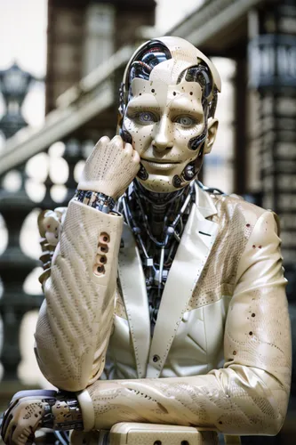 humanoid,a wax dummy,cybernetics,two face,streampunk,terracotta warriors,3d man,cyborg,artificial intelligence,artist's mannequin,wooden man,prosthetics,wooden mannequin,golden mask,thinking man,robotic,steampunk,human,speak no evil,wooden figure