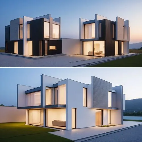 modern two-story house. Large windows. Located on the outskirts of the city.,cubic house,cube house,cube stilt houses,modern house,modern architecture,3d rendering,renders,frame house,dunes house,pref