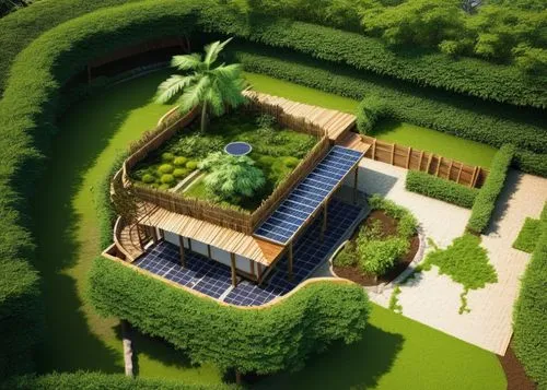 rooftop garden has sala and Japanese garden zen styles/ have bamboo fence 
have spiral stair connect from the second floor to roof / under rooftop have contemporary,an aerial view of a garden and some