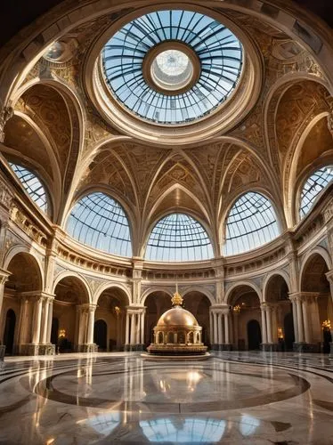 Futuristic oculus, ancient Roman-inspired, grandeur structure, intricate stone carvings, ornate arches, majestic dome, sleek glass roof, modern metallic framework, polished marble floors, dimly lit am