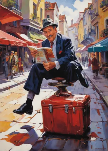 italian painter,street artist,suitcase,walt disney,caricaturist,accordion player,street artists,burano,people reading newspaper,painting technique,old suitcase,street performer,guanajuato,walt disney world,itinerant musician,shoeshine boy,globe trotter,luggage,newspaper delivery,oil painting,Conceptual Art,Oil color,Oil Color 09