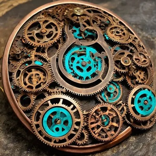 steampunk gears,ornate pocket watch,steampunk,ladies pocket watch,pocket watches,copper frame,pocket watch,mechanical watch,mandala,copper tape,cog,watchmaker,large copper,genuine turquoise,belt buckle,vintage pocket watch,mechanical puzzle,copper,clockwork,locket,Illustration,Realistic Fantasy,Realistic Fantasy 13