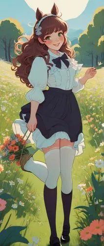 Lolita Centaur, half-human half-horse, sweet smiling face, big sparkling eyes, curly brown hair, rosy cheeks, horse ears, flowy white blouse, short skirt, stockings, black Mary Jane shoes, holding a b