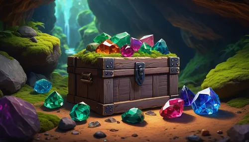 treasure chest,gemstones,colored stones,precious stones,crystal egg,collected game assets,crystals,gemswurz,background with stones,gemstone,trinkets,gemstone tip,rock crystal,healing stone,gems,cube background,crystal therapy,purpurite,treasure hunt,potions,Illustration,Realistic Fantasy,Realistic Fantasy 32