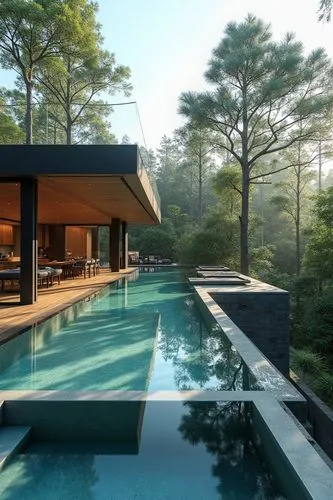 pool house,amanresorts,fallingwater,infinity swimming pool,forest house,mid century house,Photography,General,Realistic