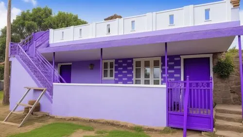 Paint this house with purple and elegant white ,a very pretty purple building with some stairs,house painting,morado,exterior decoration,the purple-and-white,purple blue ground,house painter,beach hut