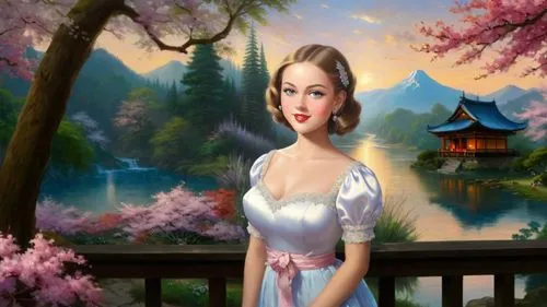 Romantic masterpiece oil painting, cute girl portrait, nostalgic 1950's style kitsch, beautiful exotic rural vast Japanese landscape, cherry blossom scenery, Shinto Japanese sakura, flower petals, by 