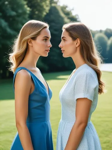 two women, at a suitable distance from each other,two beautiful women posing for a picture in blue dresses,demoiselles,wta,lesbos,wlw,golfvideo,lpga