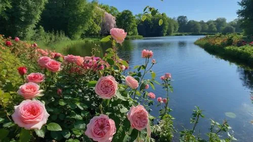 a river flowing through a lush green forest,giverny,rheindahlen,rose garden bad kissingen,flower water,background view nature,weiher