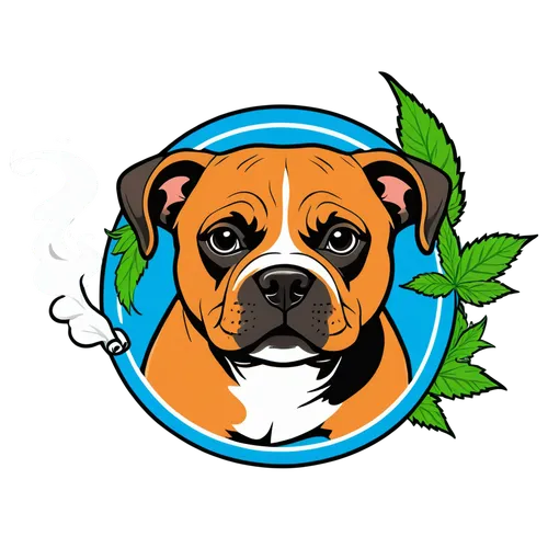 Logo for Promeai on the theme of american bully puppy sitting and smoking joint, Marijuana logo theme. Vector art. Hand drawn,vector illustration,clipart sticker,mascot,my clipart,vector image,vector 