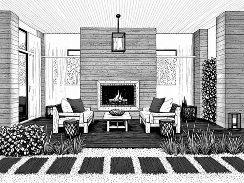 sunroom,fireplace,mid century house,living room,livingroom,sketchup,Design Sketch,Design Sketch,Black and white Comic