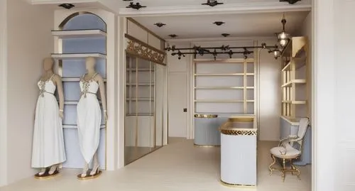 realistic render of this interior design without changing the materials ,a room with two dresses and a shelf next to it,walk-in closet,sacristy,mudroom,wardrobes,garderobe,closets,hallway space,pantry