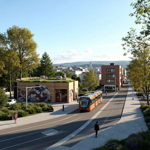 Tranquil tram station, lush green roofs, natural stone walls, wooden accents, modern architecture, sleek glass fa\u00e7ades, cantilevered canopies, vibrant public art installations, pedestrian-friendl