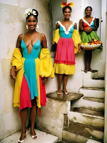 And so the Creole maidens in bathing suits came towards me like true goddesses of love, down a steep staircase, smiling friendly and with the best filled fruit bowl I have ever seen.,women in brightly