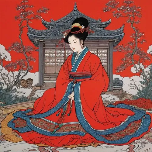 红楼梦,a painting of a woman in red wearing an oriental outfit,geiko,xiaojin,sanxia,gisaeng,hanhwa,myongji,Illustration,Black and White,Black and White 06