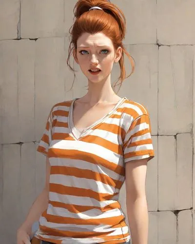 redhead doll,retro girl,clementine,realdoll,retro woman,horizontal stripes,girl in t-shirt,pippi longstocking,cotton top,girl in overalls,redheads,striped background,ginger rodgers,redhead,in a shirt,redheaded,stripes,orange,retro women,mime artist,Digital Art,Comic