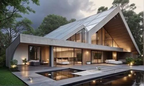 Add a building in the background,modern house,modern architecture,timber house,pool house,folding roof,3d rendering,beautiful home,landscape design sydney,luxury property,house shape,luxury home,futur