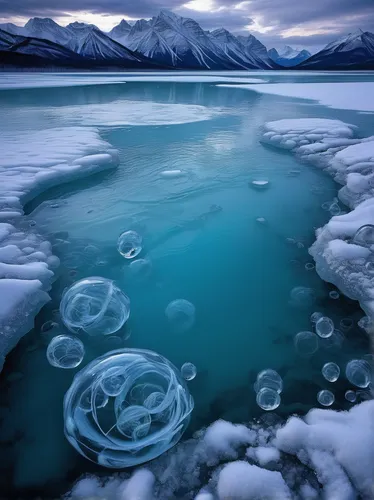 frozen bubble,ice landscape,frozen lake,frozen water,water glace,glacier water,ice floe,ice floes,frozen ice,glacial melt,ice ball,arctic ocean,arctic,glacial lake,ice planet,frozen soap bubble,jasper national park,whirlpool,vermilion lakes,green bubbles,Conceptual Art,Sci-Fi,Sci-Fi 02