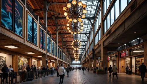 Vibrant transit hubs, eclectic mix of materials, ornate metalwork, reclaimed wood accents, industrial chic lighting, bold colorful murals, dynamic urban landscapes, bustling pedestrian zones, modern s