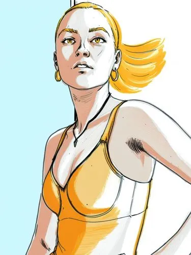 simple drawing of a woman with blonde hair in a dress near a window,a drawing of a woman in a  and yellow top,sharapov,comic halftone woman,sprint woman,panatta,lisicki,speegle,Conceptual Art,Fantasy,