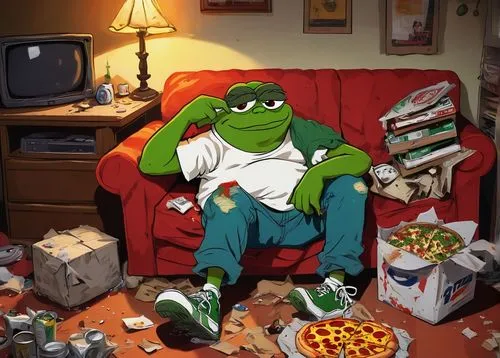 exhausted Pepe, cartoon character, relaxed posture, droopy eyes, sagging eyelids, dark circles under eyes, messy green hair, bright red lips, worn-out expression, slumped shoulders, sloppy clothes, ri