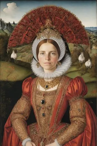 portrait of a noble woman, painting <class> Lucas Cranach the Elder “Judith” | on the head is a richly decorated and large wide-brimmed, horizontally asymmetrical red-brown headdress with slits and wh