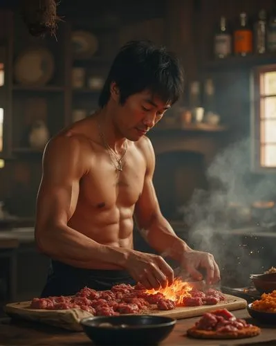 bruce lee cooking meat,a man is  meat with tongs,seondeok,hachani,daigo,yakiniku,sunjong,fukushi