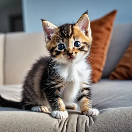 A kitten standing on his forepaws on the sofa,american wirehair,tabby kitten,european shorthair,cute cat,american shorthair,toyger,kitten,pounce,domestic short-haired cat,cat with blue eyes,american b