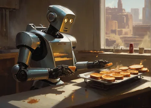 Imagine a futuristic setting where robots serve perfectly toasted bread with a single touch.,industrial robot,robots,breakfast table,robotic,robot,sci fiction illustration,robotics,transistor checking