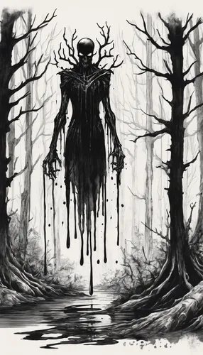 haunted forest,forest man,the stag beetle,slender,supernatural creature,devilwood,woodsman,the woods,forest dark,stag,purgatory,bogeyman,creepy tree,devil's walkingstick,haunt,horned,the witch,the forest,game illustration,forest animal,Illustration,Black and White,Black and White 34