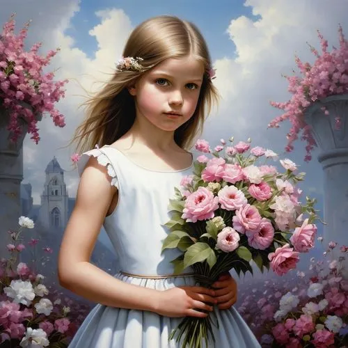 girl in flowers,flower girl,girl picking flowers,beautiful girl with flowers,little girl in pink dress,mystical portrait of a girl,child portrait,holding flowers,the little girl,little girl fairy,eglantine,flower painting,romantic portrait,splendor of flowers,world digital painting,little girl,child girl,innocence,forget me not,oil painting on canvas,Conceptual Art,Fantasy,Fantasy 29