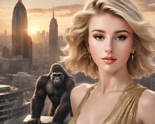 kong,king kong,silverback,gorilla,great apes,ape,blonde woman,human evolution,hollywood actress,world digital painting,gibbon 5,female hollywood actress,photoshop manipulation,digital compositing,human and animal,animal world,gena rolands-hollywood,universal exhibition of paris,photo manipulation,animalia