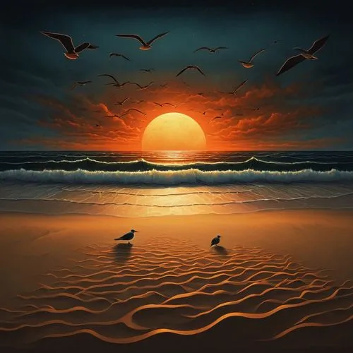 tramonto,sea birds,seascape,coast sunset,sunset beach,unset,Illustration,Abstract Fantasy,Abstract Fantasy 19