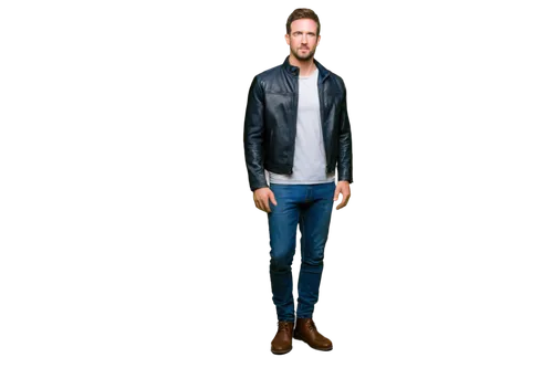 Scott Webb, muscular man, solo, (35yo), strong facial features, short brown hair, blue eyes, slight stubble, black leather jacket, white shirt, dark blue jeans, black boots, standing, confident pose, 