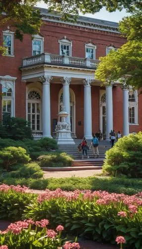 Historic university building, Thomas Jefferson architectural style, neoclassical columns, red brick facade, domed roof, grand staircase, ornate details, lush greenery surrounding, sunny afternoon, war